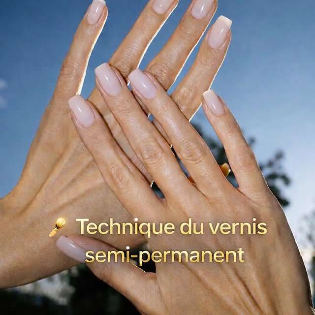 Mains de femme avec ongles nude brillants en vernis semi-permanent sur fond de ciel bleu